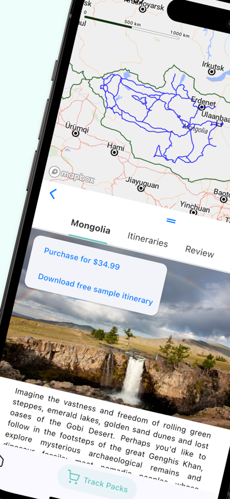 Overland Map - Overland Map app interface showing a Mongolia travel route with purchase options and landscape description