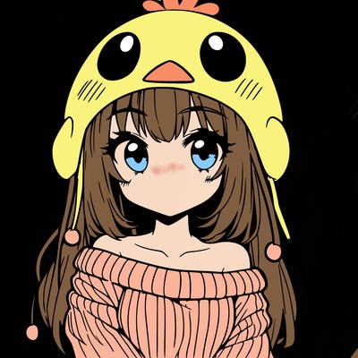 anime girl with chick shaped hat with sweater with bare shoulders with bangs covering them one eye with low tail
