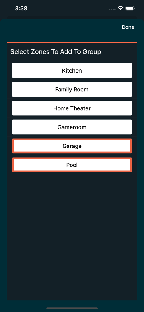 Monoprice Whole Home Audio - Interface for selecting and grouping audio zones like Garage and Pool in the Monoprice app.