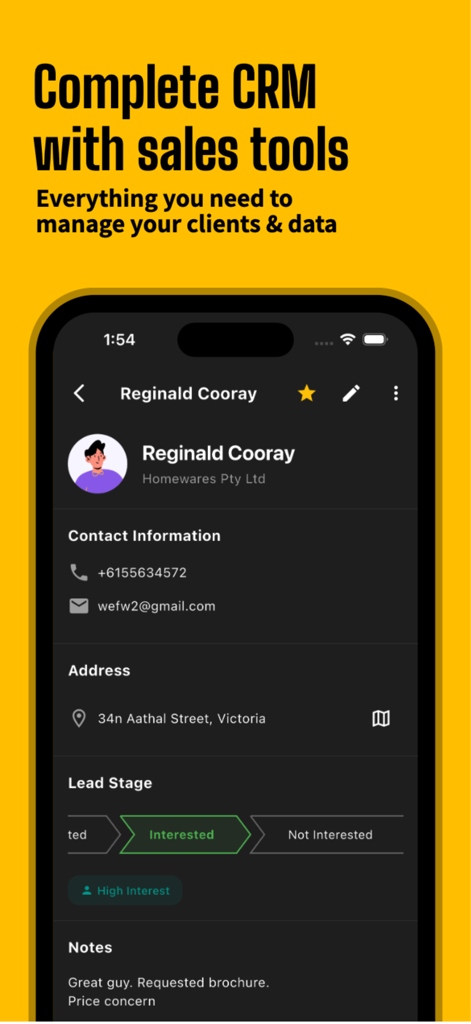 D2D CRM mobile app showing a lead profile with contact details and sales stage tracker