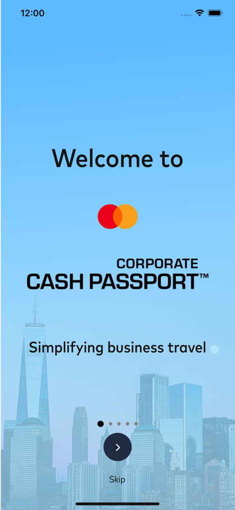 Corporate Cash Passport - Welcome screen of the Corporate Cash Passport app with the Mastercard logo and a cityscape background.