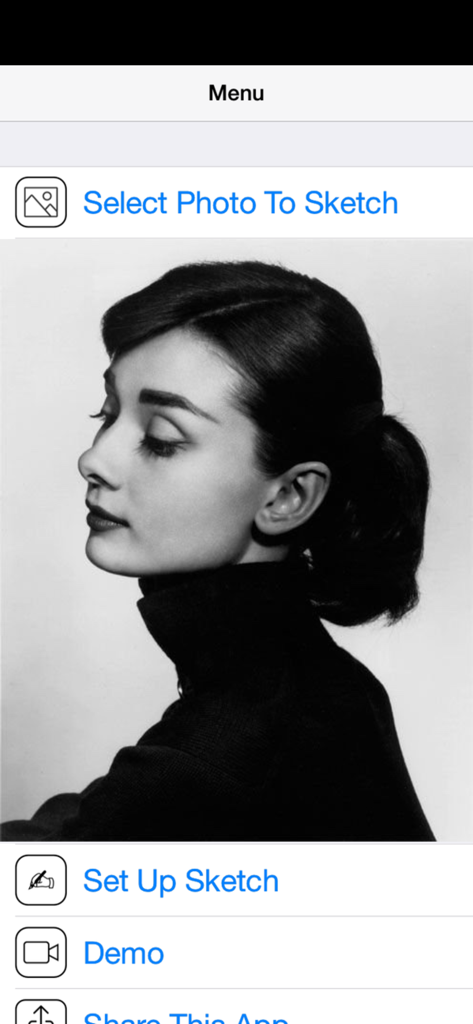 Vermeer's Lens: AR Drawing - Main menu of Vermeer's Lens AR drawing app showing a black and white portrait and options to select a photo to sketch.