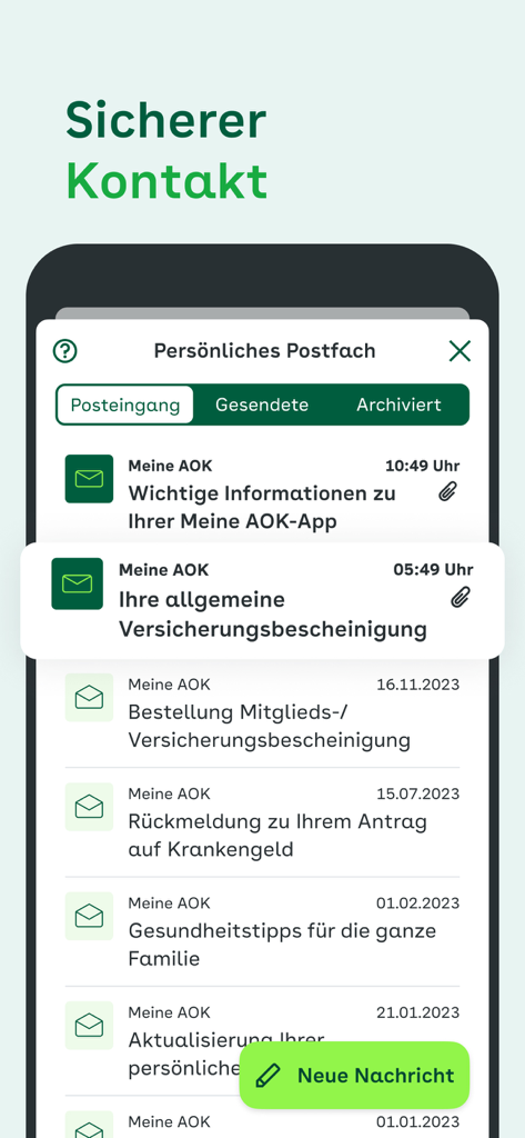 Meine AOK - Pantalla segura del buzón personal en la aplicación Meine AOK que muestra una lista de mensajes y documentos digitales del seguro médico