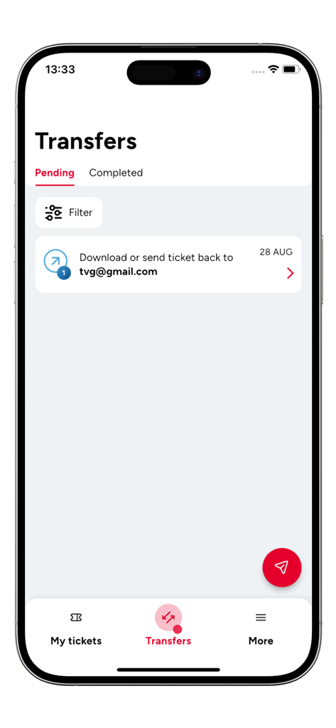 LHC Tickets - Mobile App-Oberfläche von LHC Tickets zeigt den Bildschirm Ticketübertragungen mit einem ausstehenden Ticket, das an eine E-Mail-Adresse gesendet wurde.