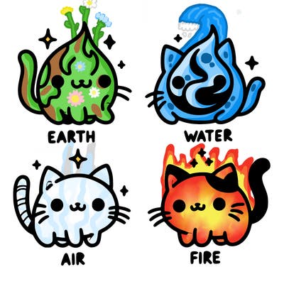 4 cats that represent the different elements, earth, water, air, and fire