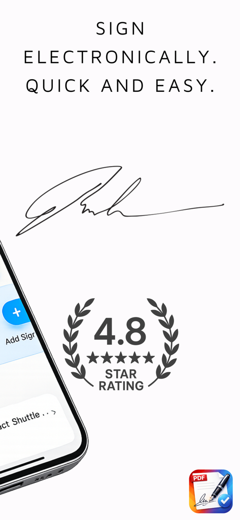 e Sign: PDF Signature - PDF文書用の電子署名アプリインターフェイス。高い評価と迅速な署名機能が表示されています。