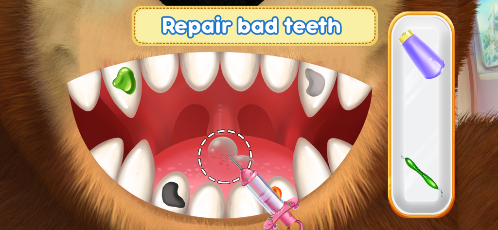 Masha and the Bear Dentist - Gameplay screenshot of Masha and the Bear Dentist showing a bear's mouth with dental tools and the text repair bad teeth
