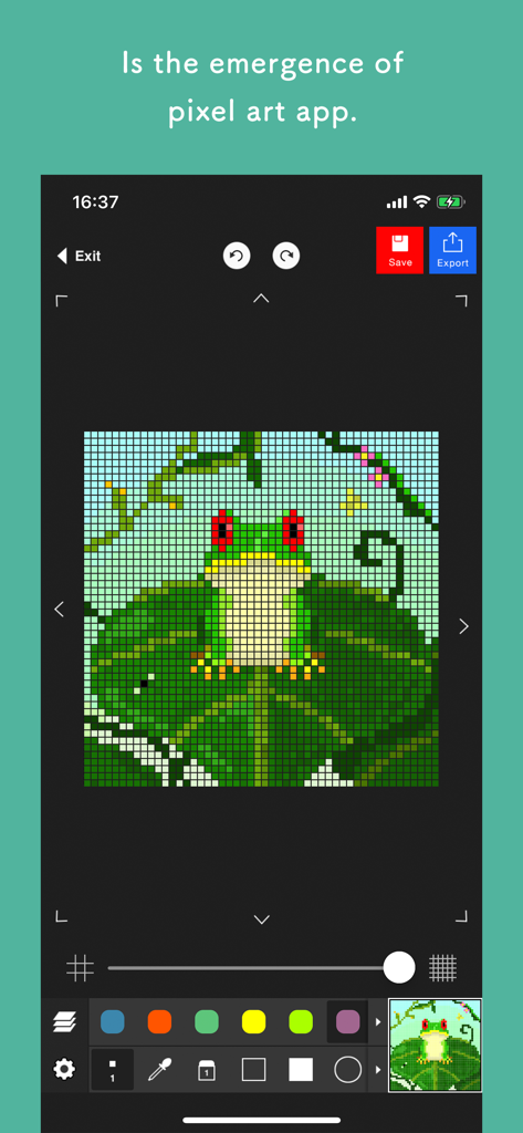 Pixel art editor - Dottable - - Capture d'écran de l'interface de l'application Dottable montrant un dessin pixel art d'une grenouille sur un nénuphar.