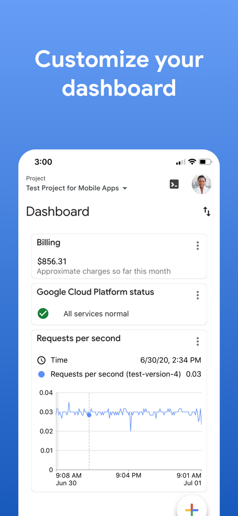 Google Cloud - Google Cloud mobile app dashboard showing billing information and service status monitoring