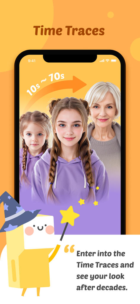 Face Seer -Time Traces - Capture d'écran de l'application Face Seer montrant la fonction de simulation de vieillissement Time Traces avec des portraits d'une fille, d'une jeune femme et d'une femme âgée.