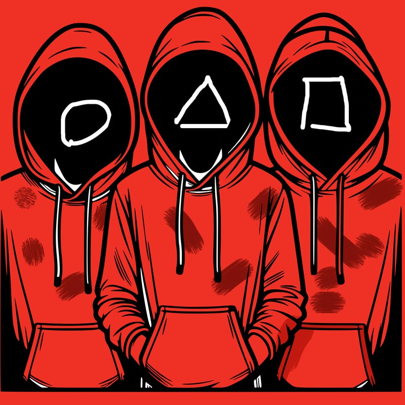 3 faceless people in  hoodies