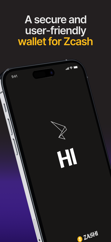 Zashi: Zcash Wallet - Startbildschirm der Zashi Zcash Wallet App auf einem iPhone mit einem minimalistischen Logo und dem Text Ein sicheres und benutzerfreundliches Wallet für Zcash.