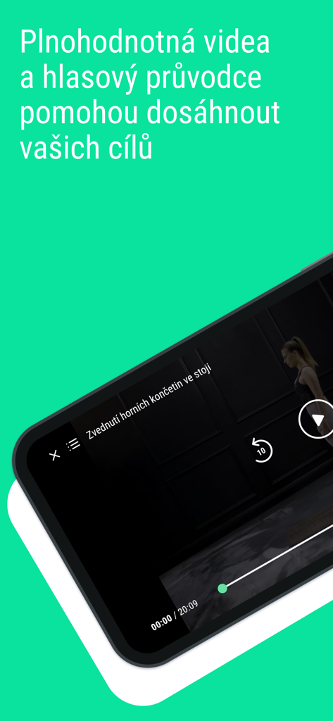 Kini - Mobile app interface showing a physiotherapy video exercise with playback controls and voice guidance for functional movement.