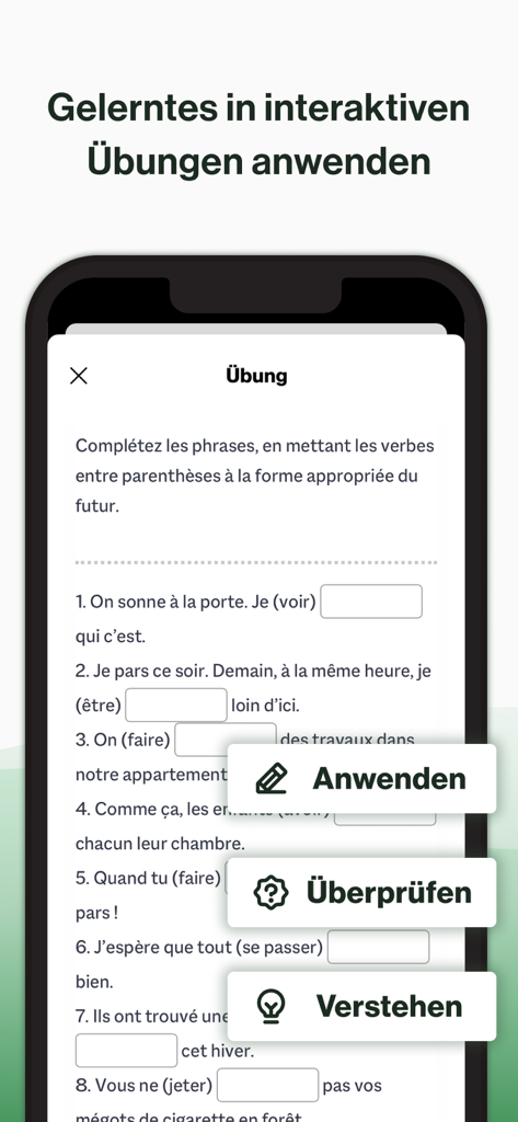 Écran d'exercice interactif de grammaire française montrant la complétion de phrases pour les verbes au futur