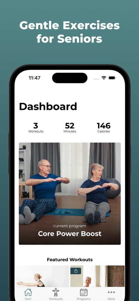 Home Workout For Seniors - Panel de control de la aplicación Entrenamiento en casa para personas mayores que muestra estadísticas de entrenamiento y un programa de ejercicios principal para adultos mayores.
