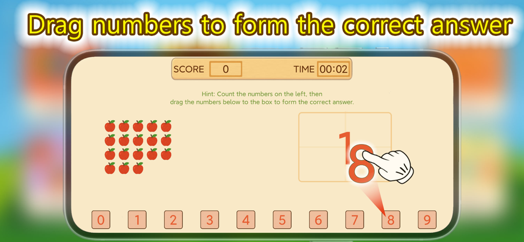 Counting Magic- kids math 123 - Pantalla de juego de matemáticas preescolar que muestra una actividad de conteo de manzanas y arrastre de números