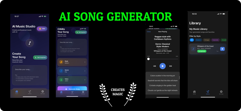 Screenshots der Songer AI App, die den Startbildschirm, den Musikgenerierungsprozess, den Player mit Texten und die Musikbibliothek des Benutzers zeigen.