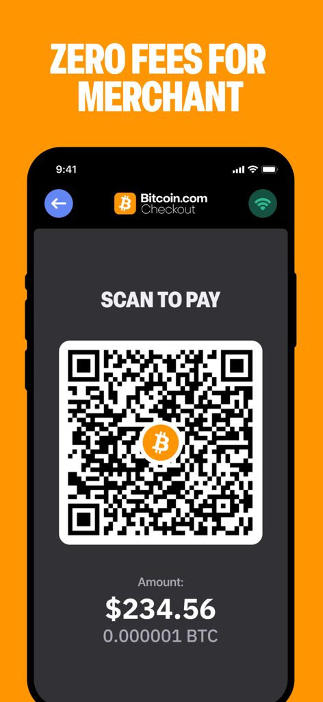 Bitcoin.com Checkout POS - ビットコイン決済を受け付けるためのQRコードが表示されたスマートフォンの画面。マーチャント向け手数料ゼロのキャプション付き。