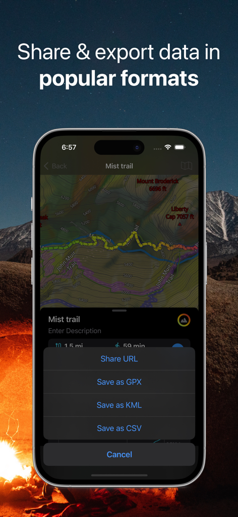 Guru Maps Pro & GPS Tracker - Guru Maps Pro interface displaying GPX and KML data export options for a recorded GPS trail