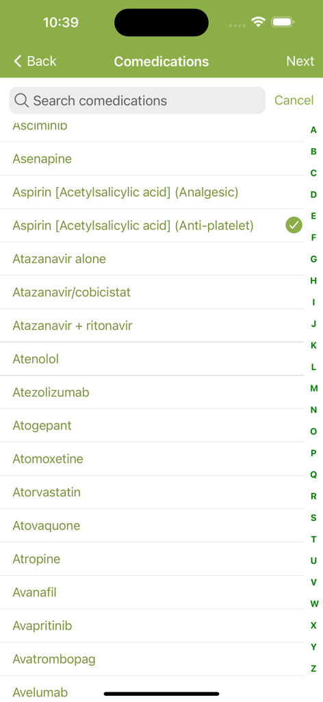 COVID-19 iChart - Searchable list of comedications in the COVID-19 iChart app for checking drug interactions