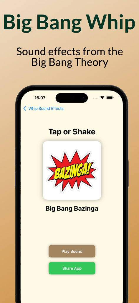 Pocket Whip - Pocket Whip app interface showing the Bazinga sound effect button from The Big Bang Theory
