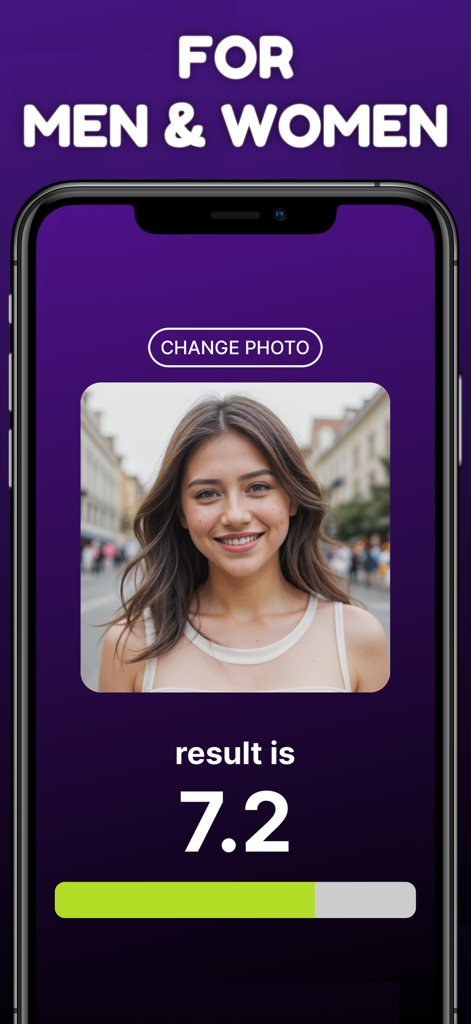Attractiveness Test - AI Rate - Smartphone screen showing a 7.2 attractiveness score for a woman in the AI Rate app