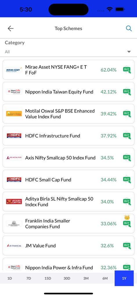 Alpha Capital - Alpha Capital app interface displaying top performing mutual fund schemes with one year returns and buy options