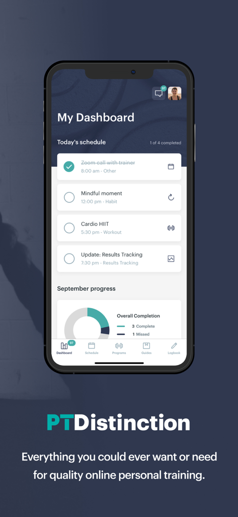PT Distinction - Mobile app dashboard for PT Distinction showing a daily fitness schedule and progress tracking.