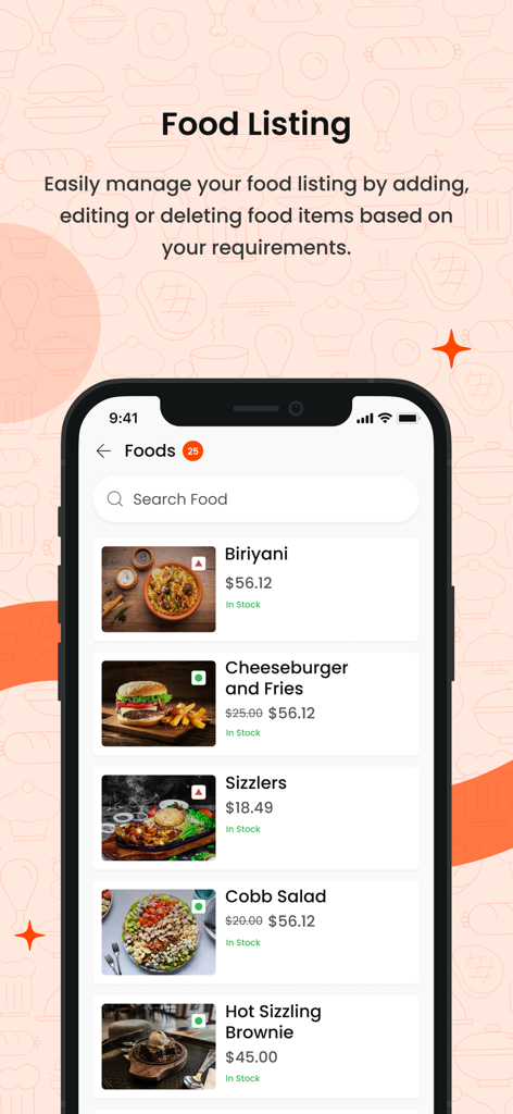 FoodMato Restaurant Partner - Screenshot of the FoodMato app food listing screen showing menu items and prices for restaurant management