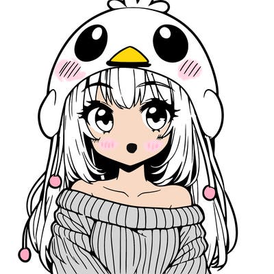 anime girl with chick shaped hat with sweater with bare shoulders with bangs covering them one eye with low tail