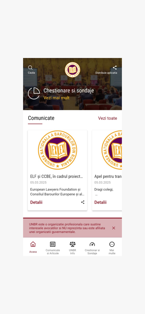 UNBR Info - Main screen of the UNBR Info app showing legal news and official communications from the Romanian Bar Association