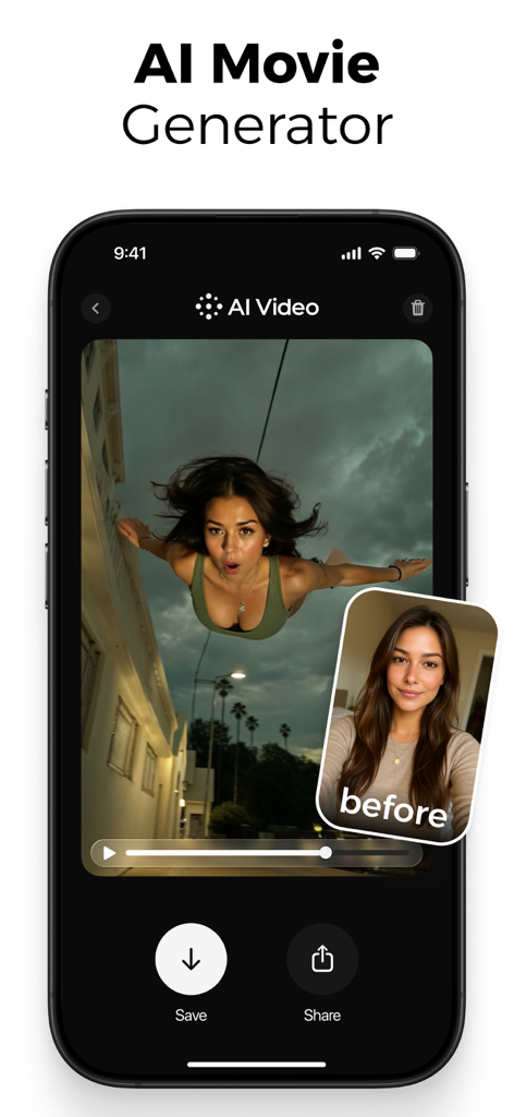 AI Video app interface showing a cinematic flying effect generated from a portrait photo