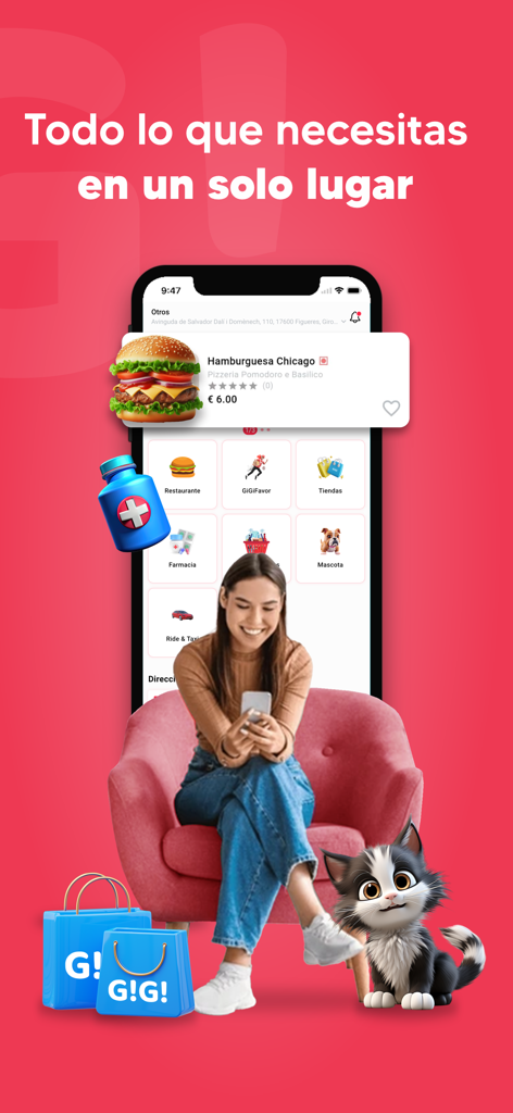 GiGi Food: Super, Comida Y Más - Woman sitting in a chair using the GiGi Food app for various delivery services like food and groceries