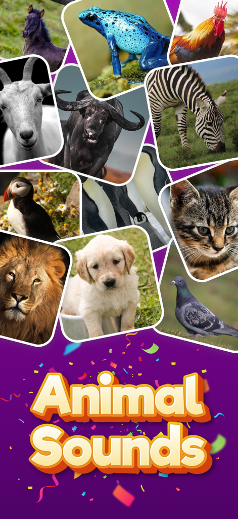 Animal Sounds & Bird Noises - A colorful collage of various animals including a lion, puppy, and zebra from the Animal Sounds educational app for kids.