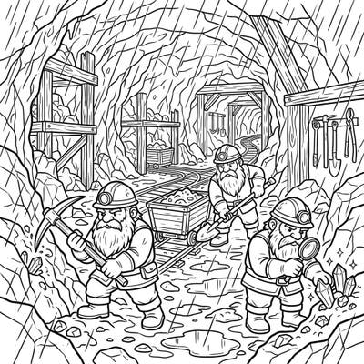 Dive into an exciting underground world where diligent dwarf miners brave a rainy day to unearth precious treasures. This captivating coloring page combines adventurous mining with the atmospheric beauty of a downpour.