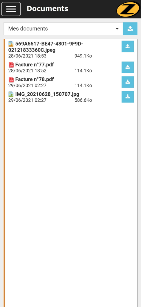 Zebra Moto-Ecole - Document and invoice management screen in the Zebra Moto-Ecole app