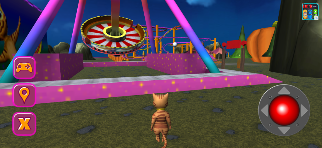 Halloween Cat Theme Park 3D - Una vista 3D de Leo Catomy el gato parado en un colorido parque temático de Halloween con atracciones y luces brillantes