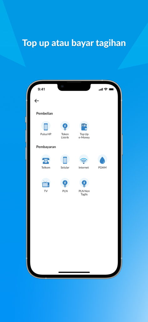Teléfono inteligente que muestra la interfaz de la aplicación PAC Cash para pagar servicios públicos indonesios y comprar crédito móvil.