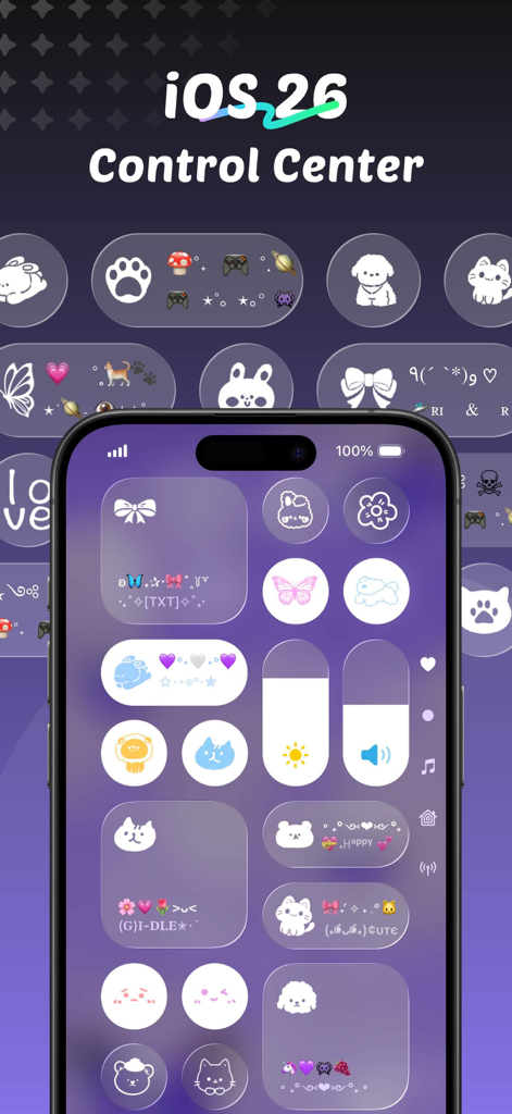 iThemes - Easy Widgets & Icons - Centro di Controllo iOS estetico personalizzato con un tema viola e simpatici widget con personaggi