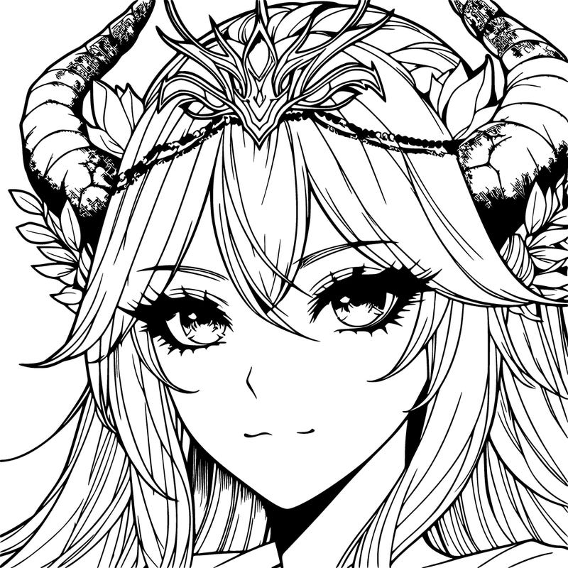 a realistic fantasy manga queen with horns