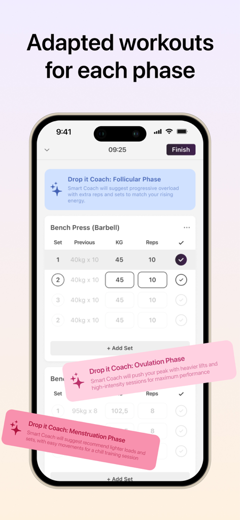 Cycle Sync Workouts: Drop It - Interfaz de la aplicación Drop It que muestra recomendaciones de entrenamiento adaptadas para fases del ciclo menstrual como folicular y ovulación