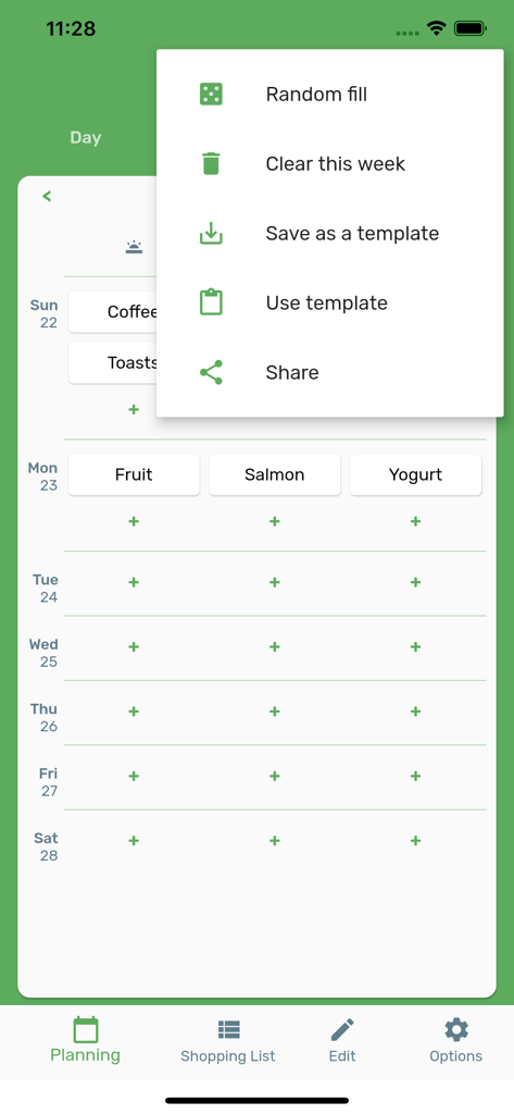 Pantalla de planificación de comidas semanal con un menú desplegable para plantillas y uso compartido