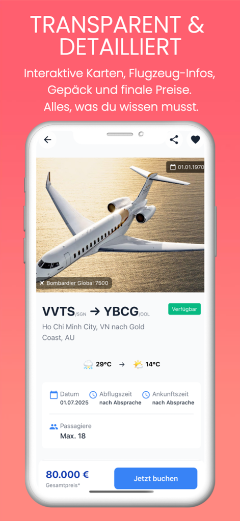 A detailed private jet booking screen showing flight route, aircraft information, and transparent pricing.