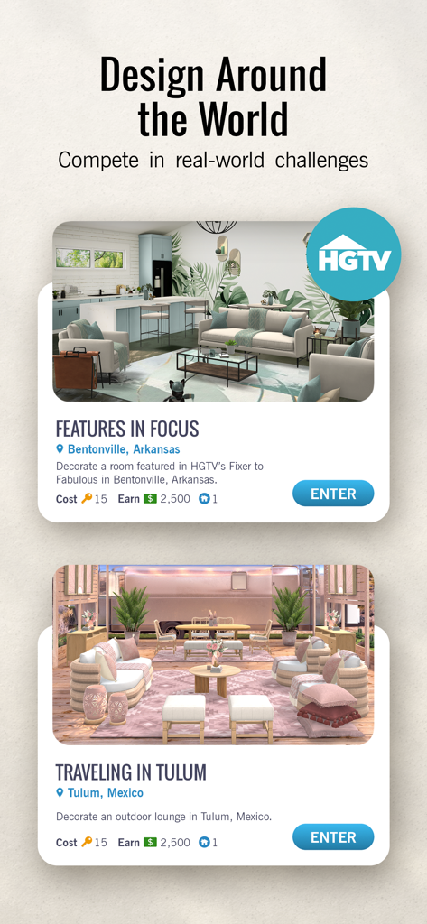 Design Home™: House Makeover - Design Home app interface displaying real world interior design challenges in Arkansas and Mexico with HGTV branding