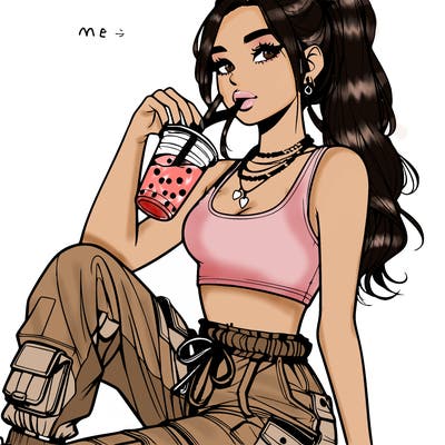 realistic girl in cargo pants and crop top with boba