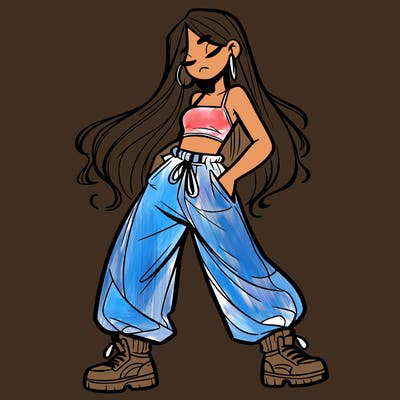 girl in baggy pants crop top and long hair
