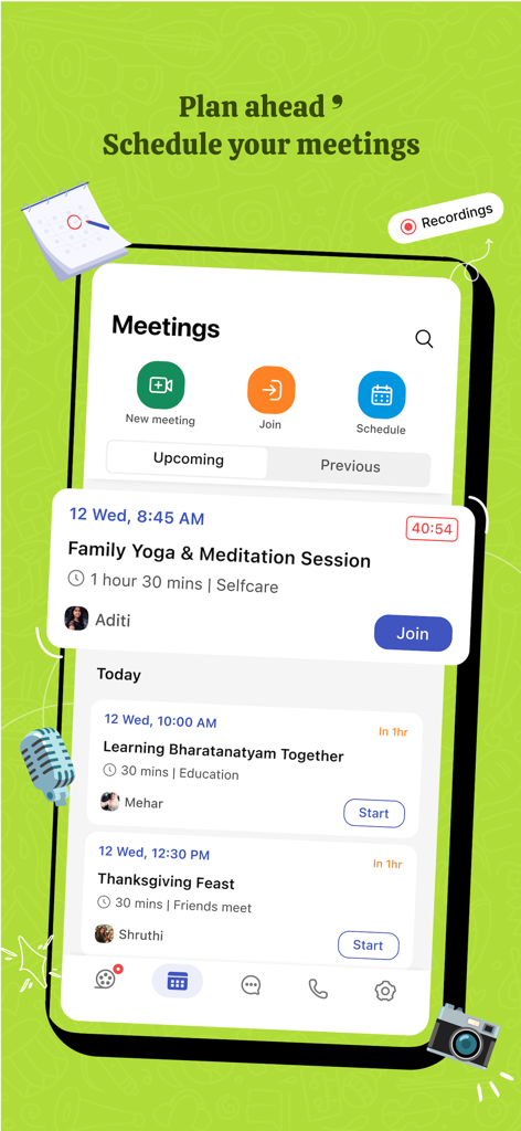 Arattai Messenger - Arattai Messenger app interface for scheduling and joining family yoga and cultural group meetings.