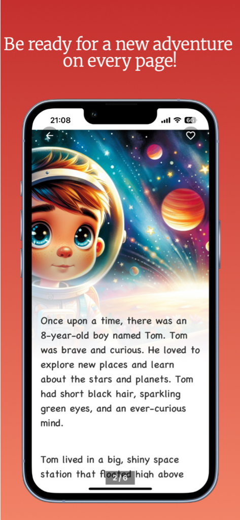 A personalized children story page featuring a boy astronaut in space