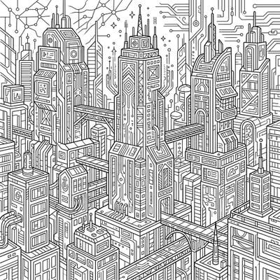 Unleash your creativity with this mesmerizing digital city coloring template, featuring an array of complex, interconnected futuristic buildings. Discover a dense urban landscape filled with circuit-like details and modern architectural marvels, waiting for your vibrant touch.