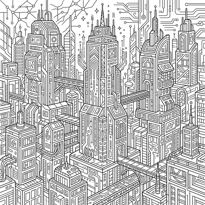 Unleash your creativity with this mesmerizing digital city coloring template, featuring an array of complex, interconnected futuristic buildings. Discover a dense urban landscape filled with circuit-like details and modern architectural marvels, waiting for your vibrant touch.